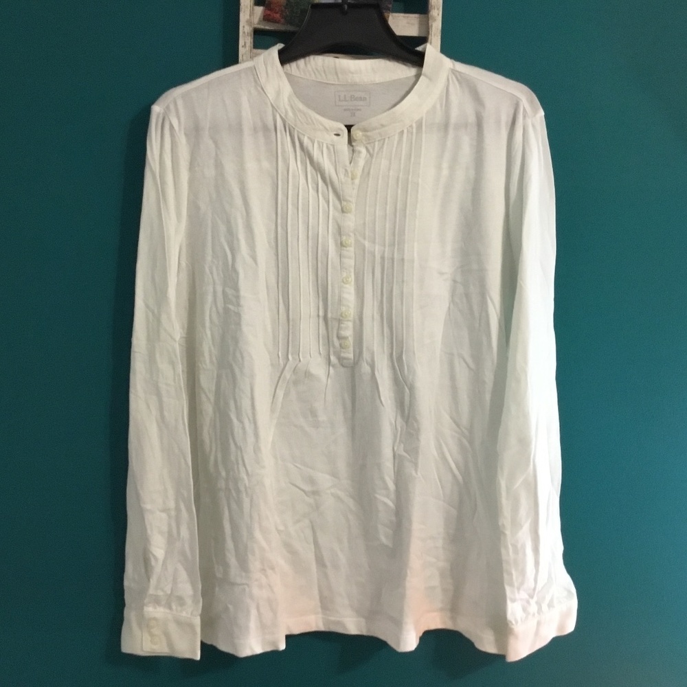 L.L. Bean Women's White Pintuck Henley Blouse